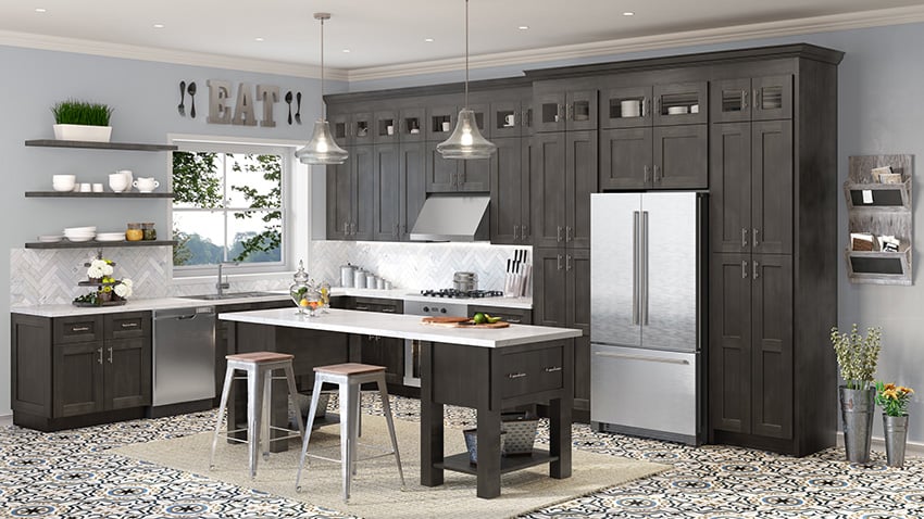Shaker Cinder dark gray cabinets with open shelves and a patterned tile floor
