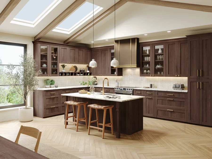 Estate Brown Shaker kitchen with a large island and a marble countertop