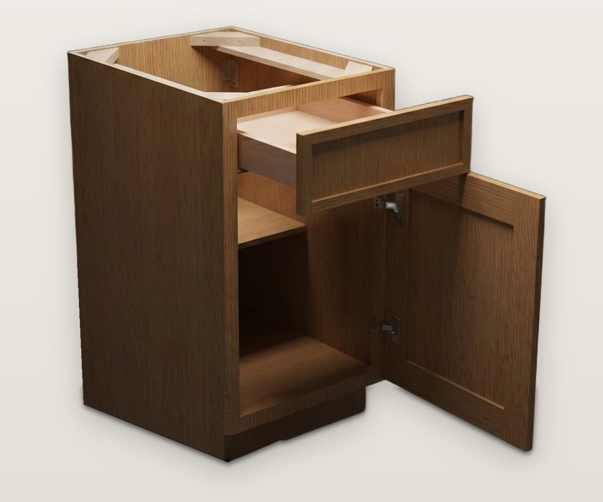 Petit Oak base cabinet with the drawer and door open