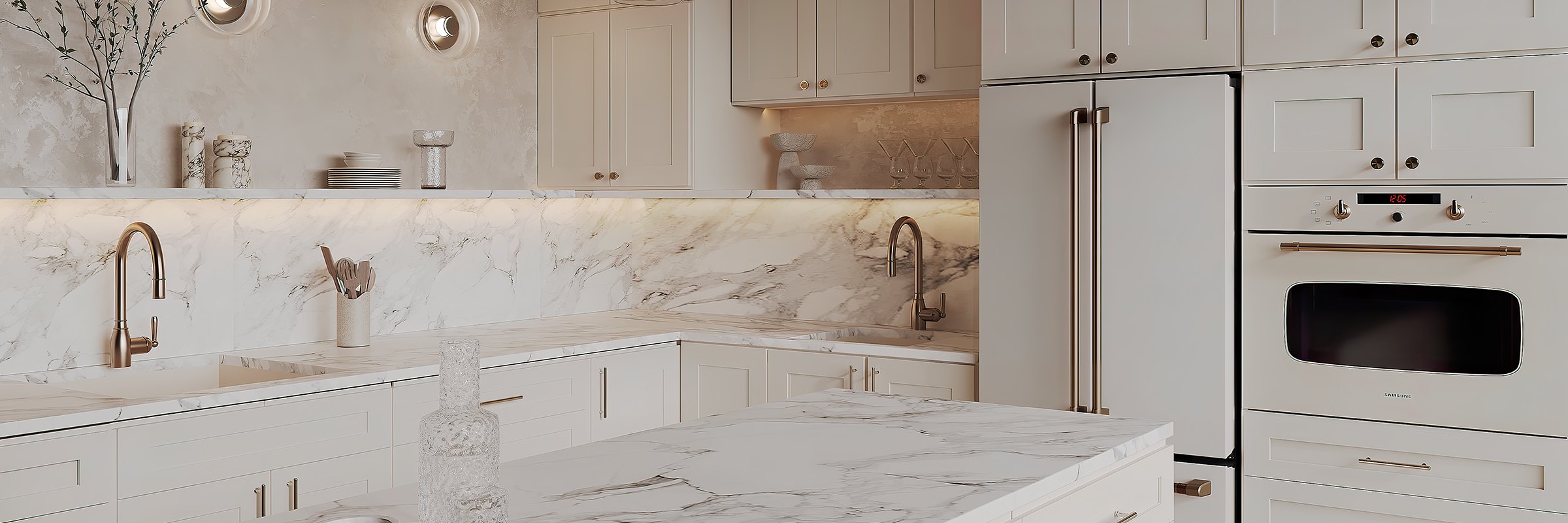 A champagne shaker kitchen with a marble backsplash, a marble island and glass globe pendants