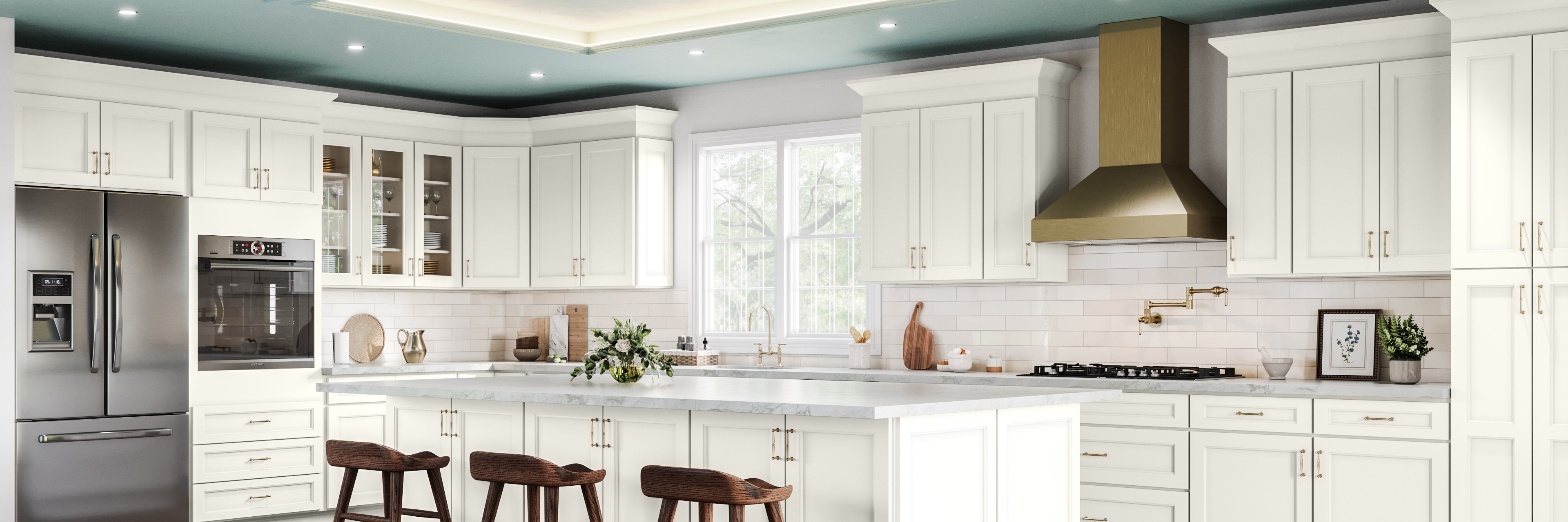 A white shaker kitchen with a teal ceiling and walnut stools