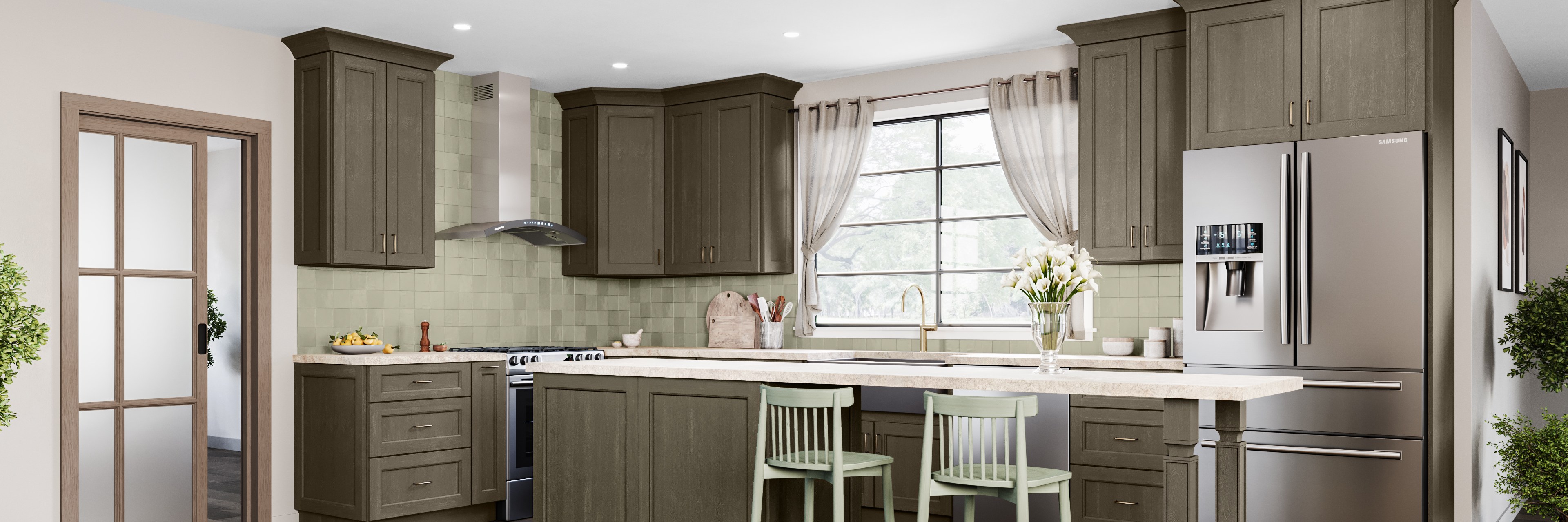An olive green shaker kitchen with a white counter and a bright window seat