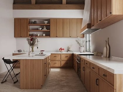 A kitchen in modern flat panel kitchen cabinets