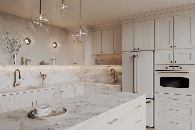 Champagne Shaker kitchen cabinets in a finished kitchen