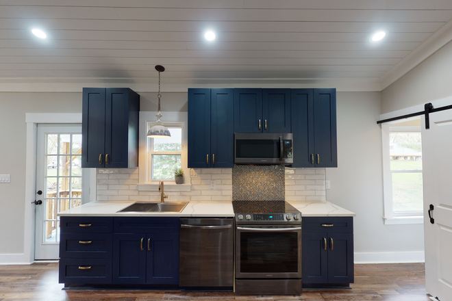 Imperial Blue kitchen cabinets in a finished kitchen