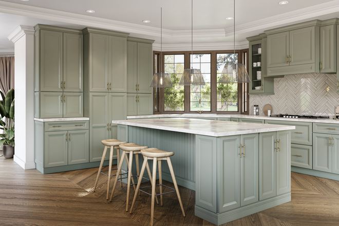 Oxford Sage kitchen cabinets in a finished kitchen