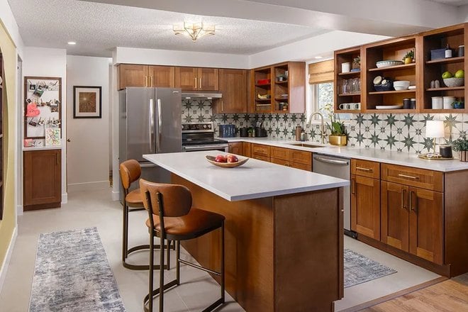 Woodland Brown Shaker kitchen cabinets in a finished kitchen