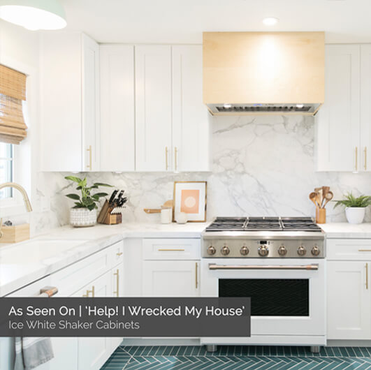 Ice White Shaker kitchen cabinets from Kitchen Cabinet Kings featured on HGTV's Help! I Wrecked My House.