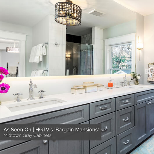 Midtown Gray bathroom cabinets from Kitchen Cabinet Kings featured on HGTV's Bargain Mansions.