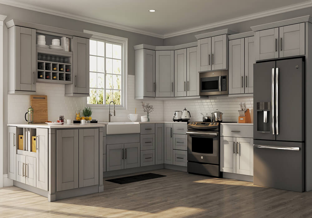 Home Depot kitchen cabinets in Dove Gray.