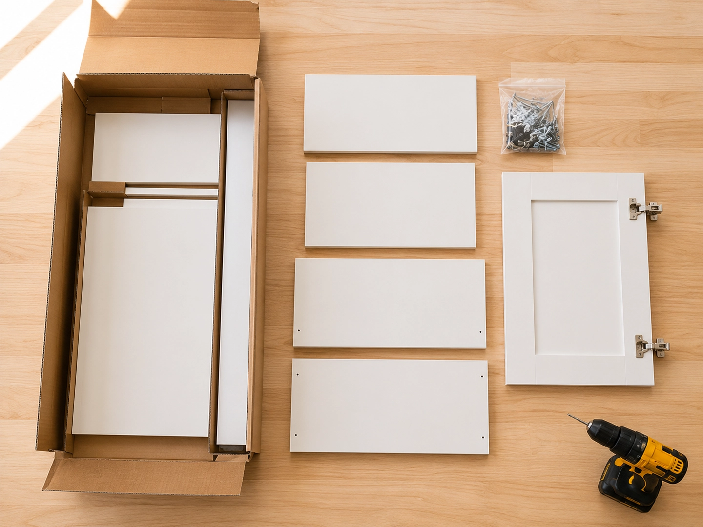 RTA cabinet flat-pack box opened on a workbench showing pre-cut panels, hardware, and assembly instructions
