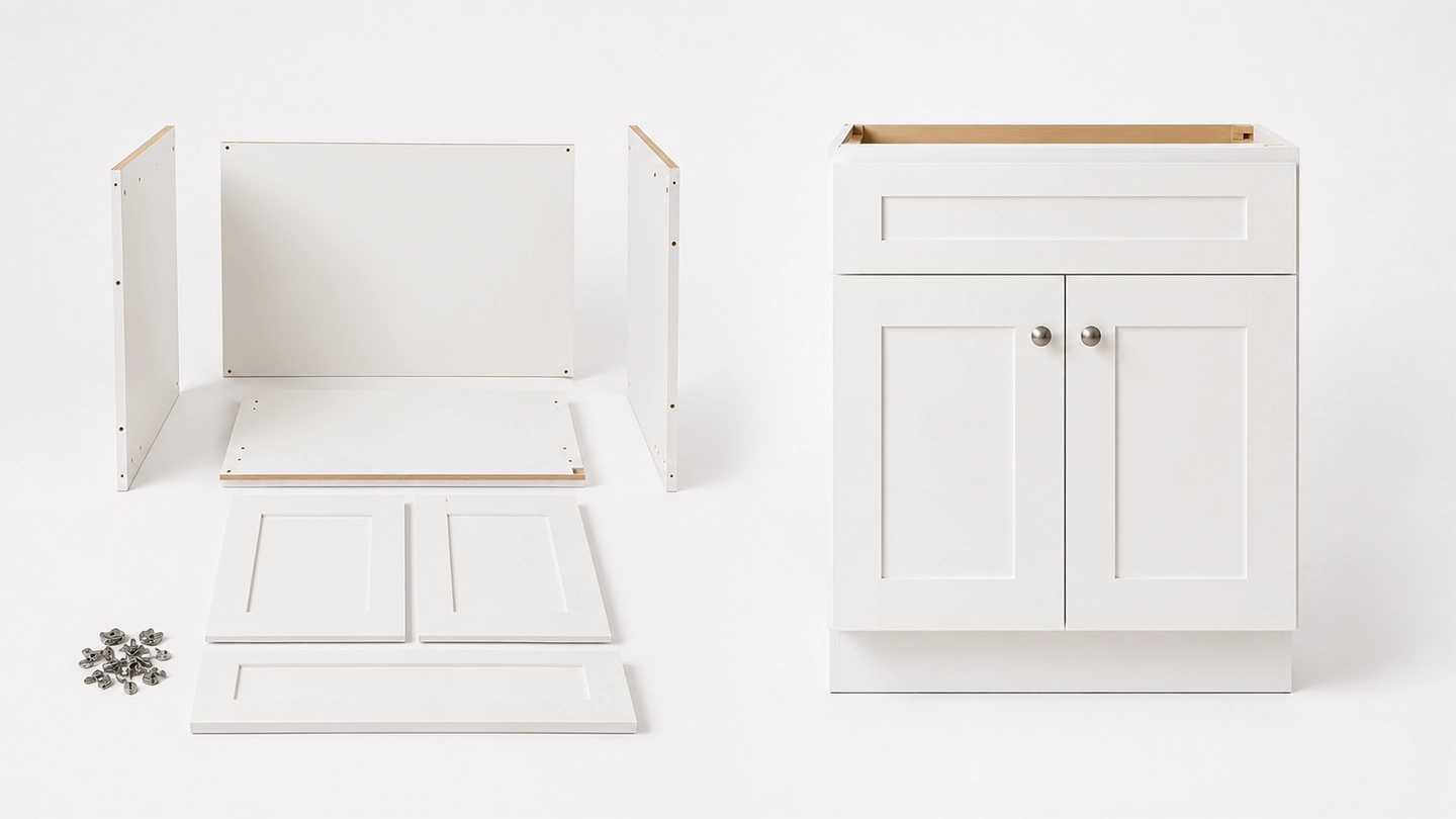 The same white shaker kitchen cabinet shown in both RTA flat-pack format and fully assembled format side by side