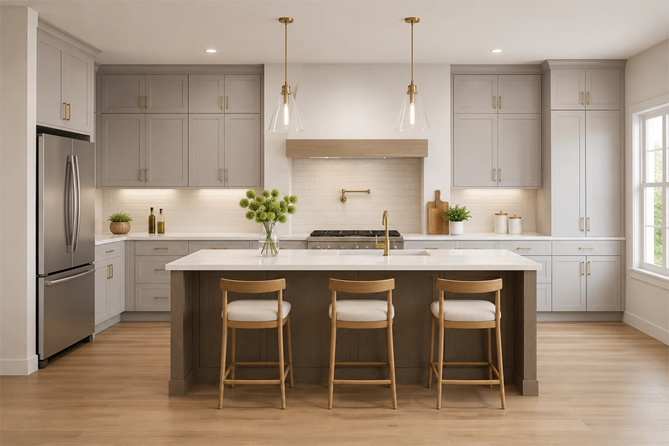 3D rendering of a kitchen design with white shaker cabinets