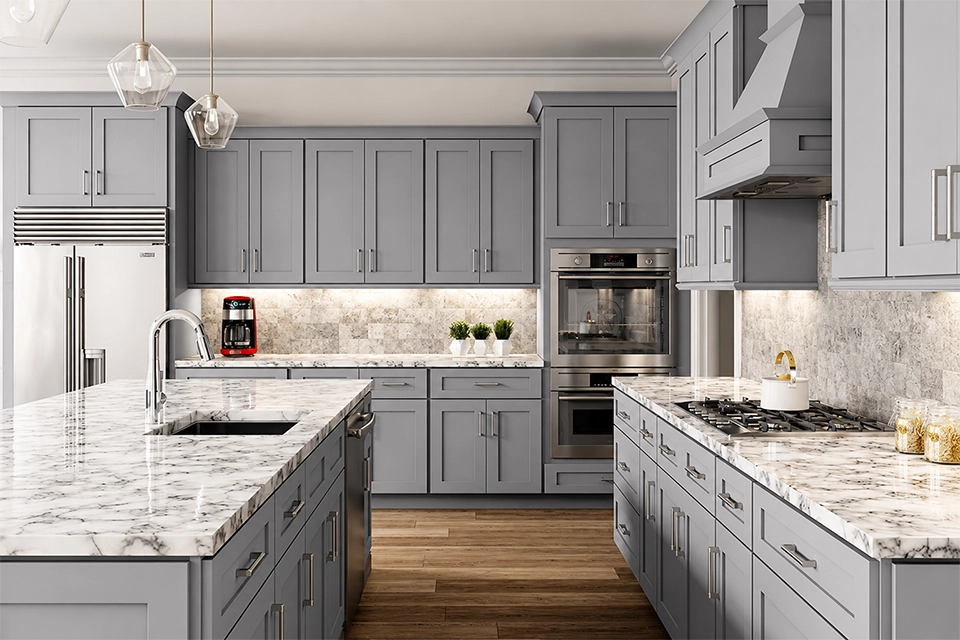 Bright gray shaker kitchen with marble countertops