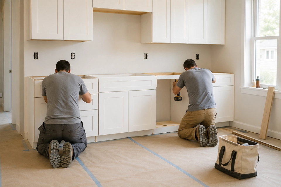 Kitchen cabinet installation in progress with professional tools
