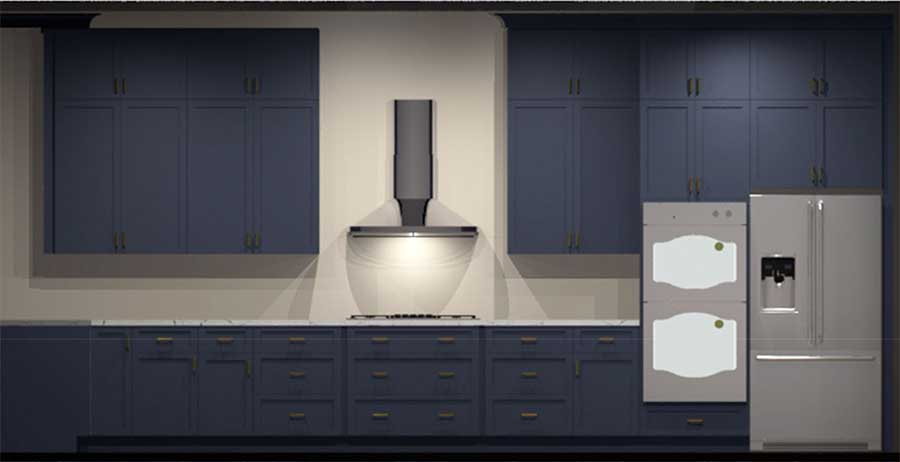 3D kitchen design render with navy shaker cabinets, a range hood and stainless appliances
