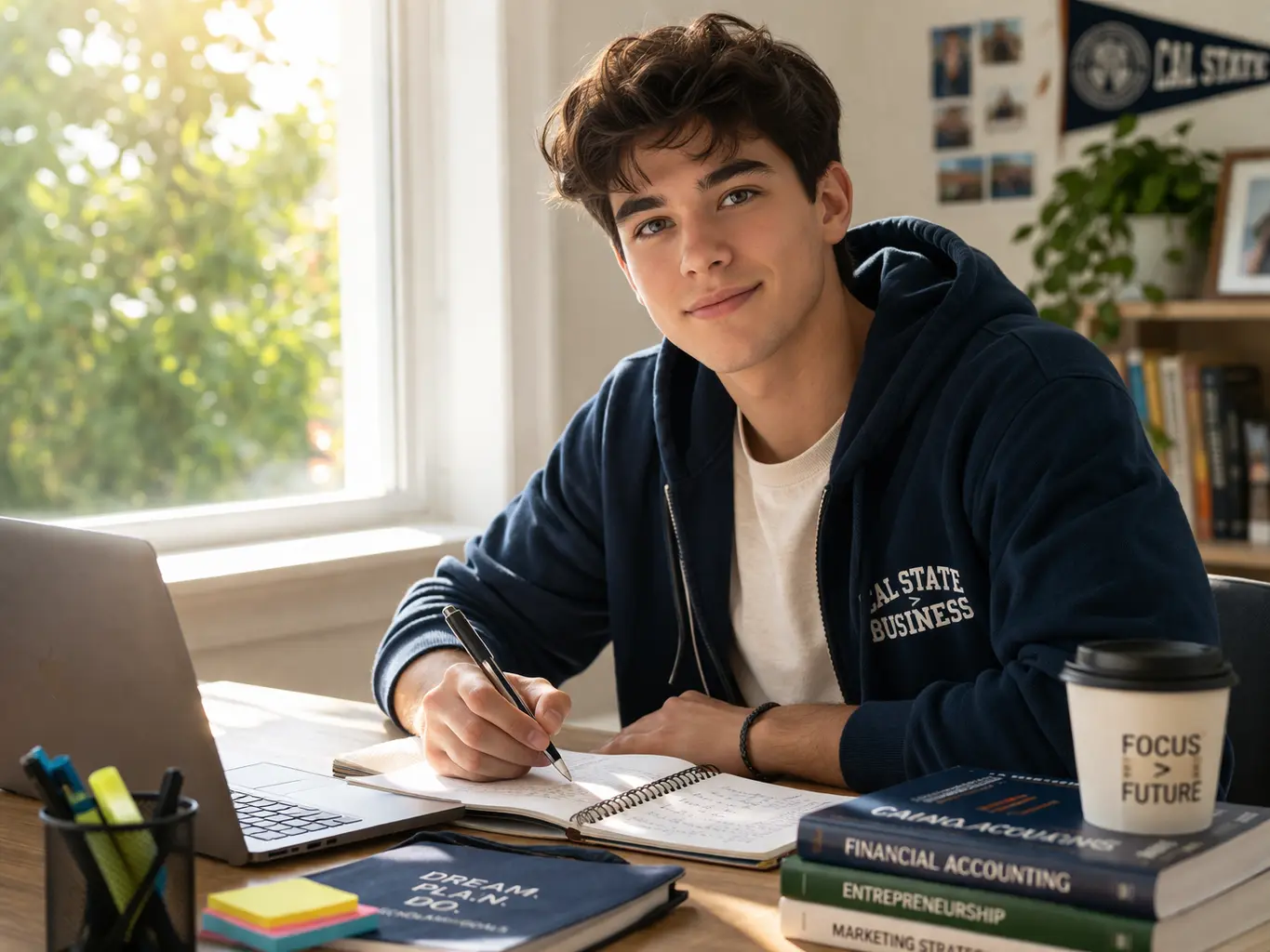 Male college student studying at a desk by a bright window for the Kitchen Cabinet Kings entrepreneur scholarship page.