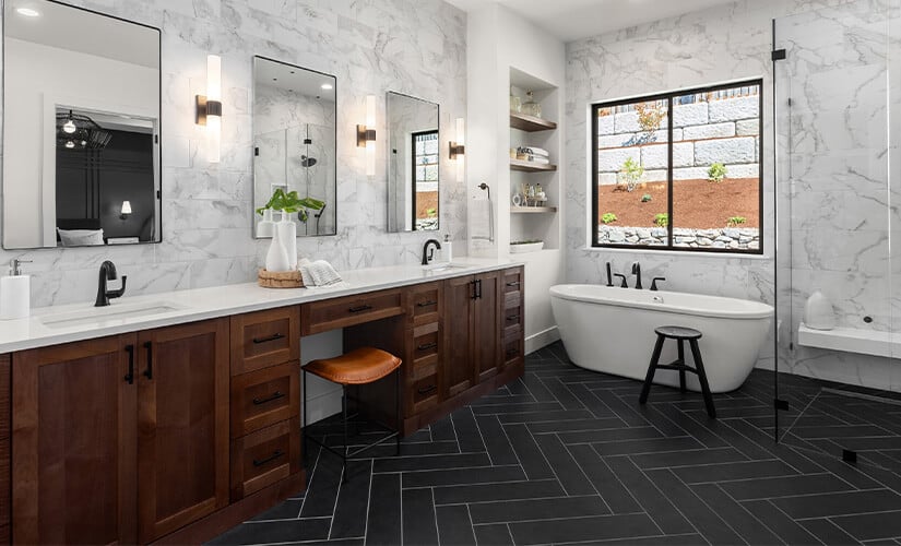 Large wood wall-to-wall vanity in master bath.