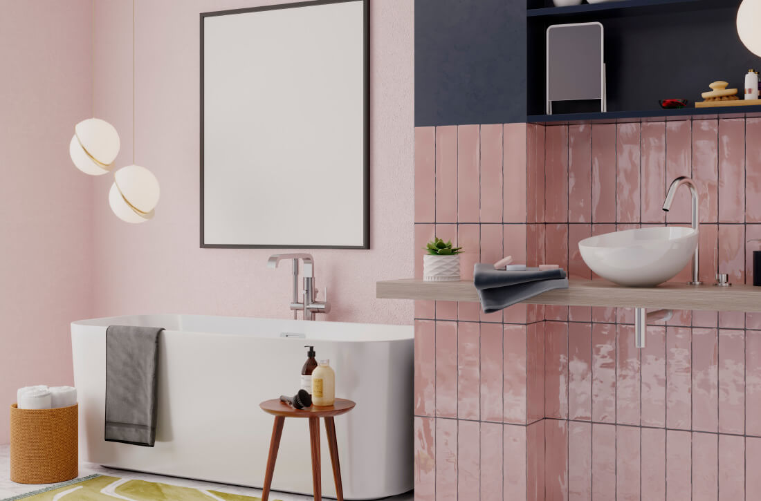 Bathroom with pink tile and navy blue walls.