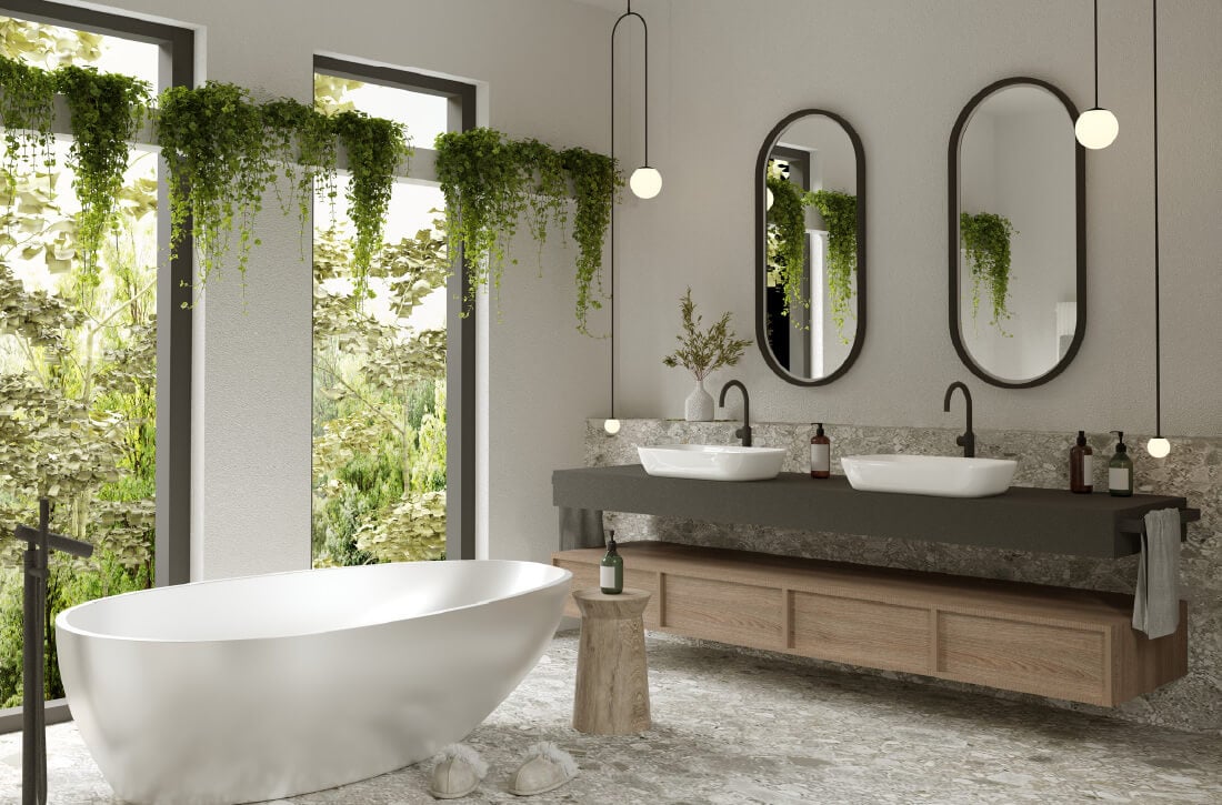 Bathroom with large windows and hanging plants.