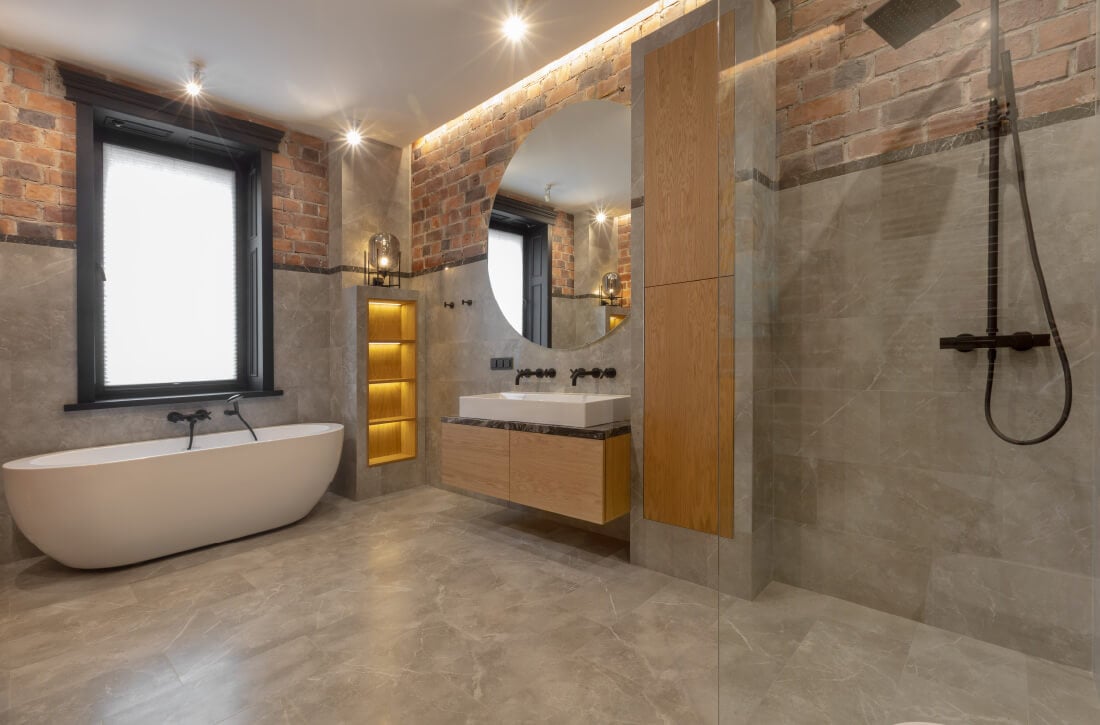 Bathroom with open concept shower.
