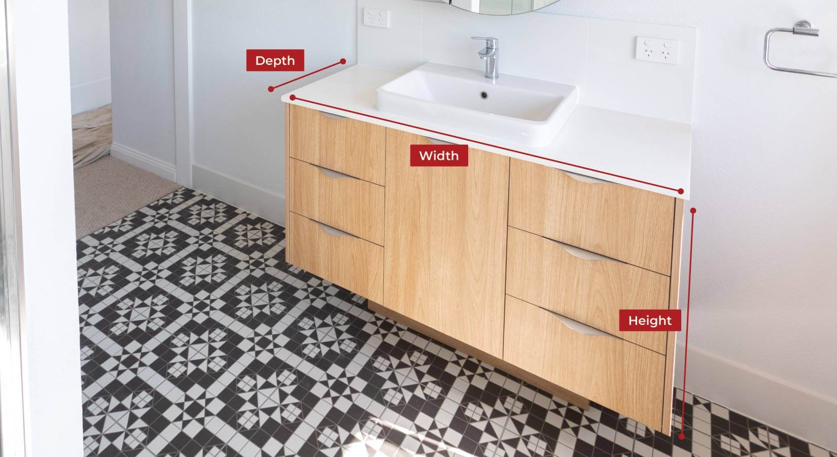 Light wood bathroom vanity with labels for depth, width, and height.