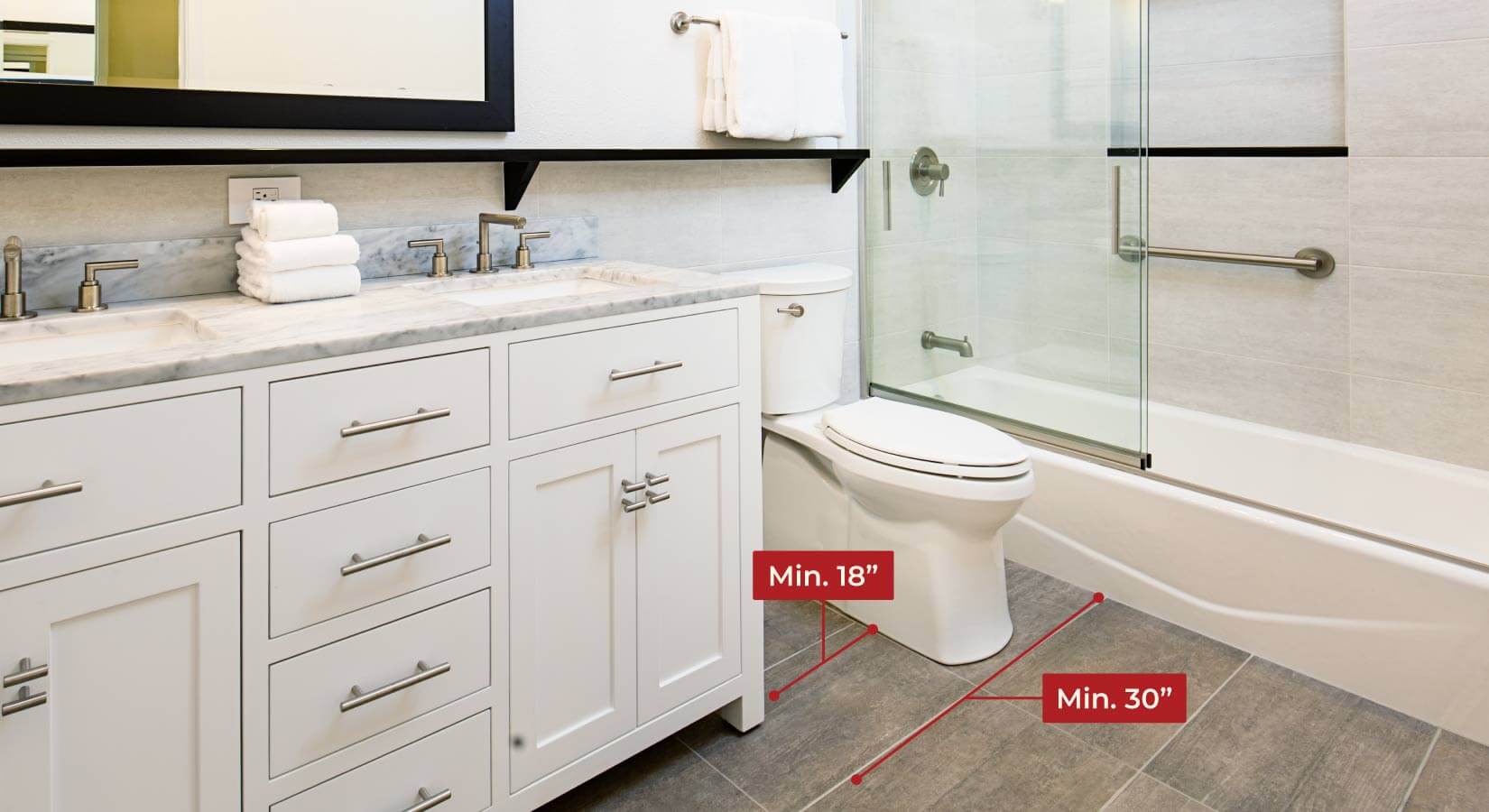 Bathroom layout with minimum 18 inches labeled from vanity to toiled and minimum 30 inches labeled from shower to vanity.