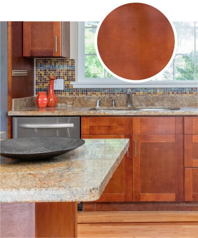 Modern style kitchen with sleek hardware and a dark brown birch cabinets.