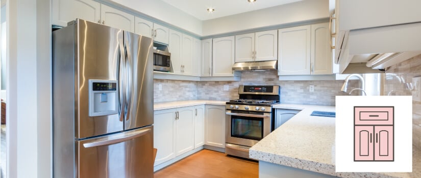 kitchen with white arch-raised cabinets, granite countertop and beige tile backsplash