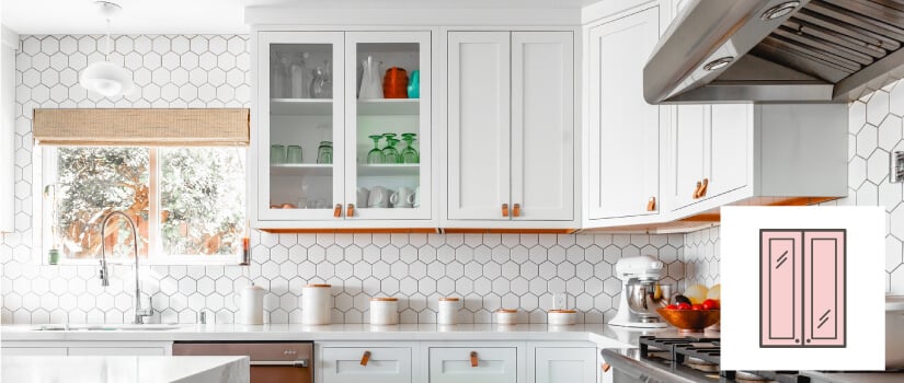 kitchen with white hexagon tile backsplash, white cabinets and one open frame cabinet