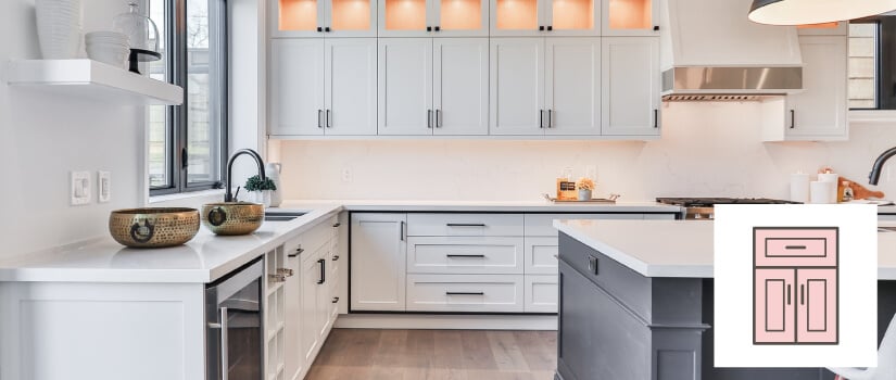 White shaker cabinets with black modern hardware