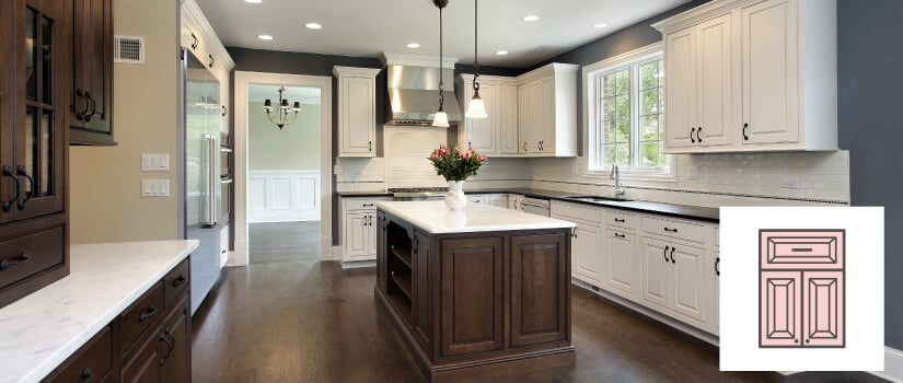 white square-raised cabinet doors with black countertops and kitchen island with dark stained square raised cabinets