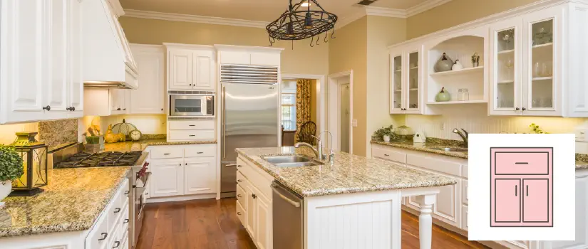 Kitchen with white framed kitchen cabinet door style.