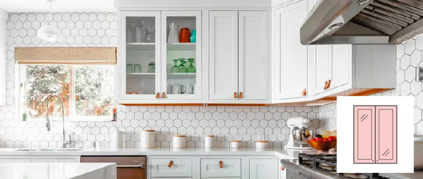 kitchen with white hexagon tile backsplash, white cabinets and one open frame cabinet.