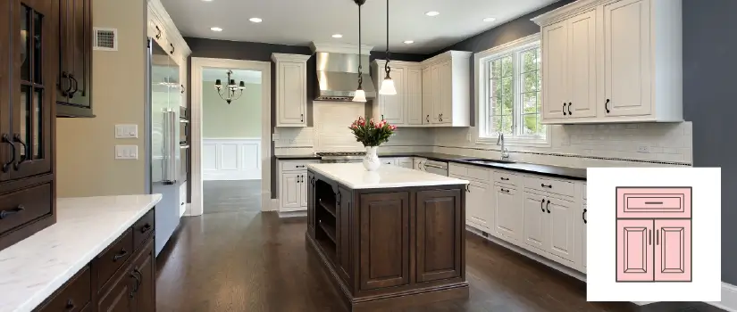 White square-raised cabinet doors with black countertops and kitchen island with dark stained square raised cabinets.