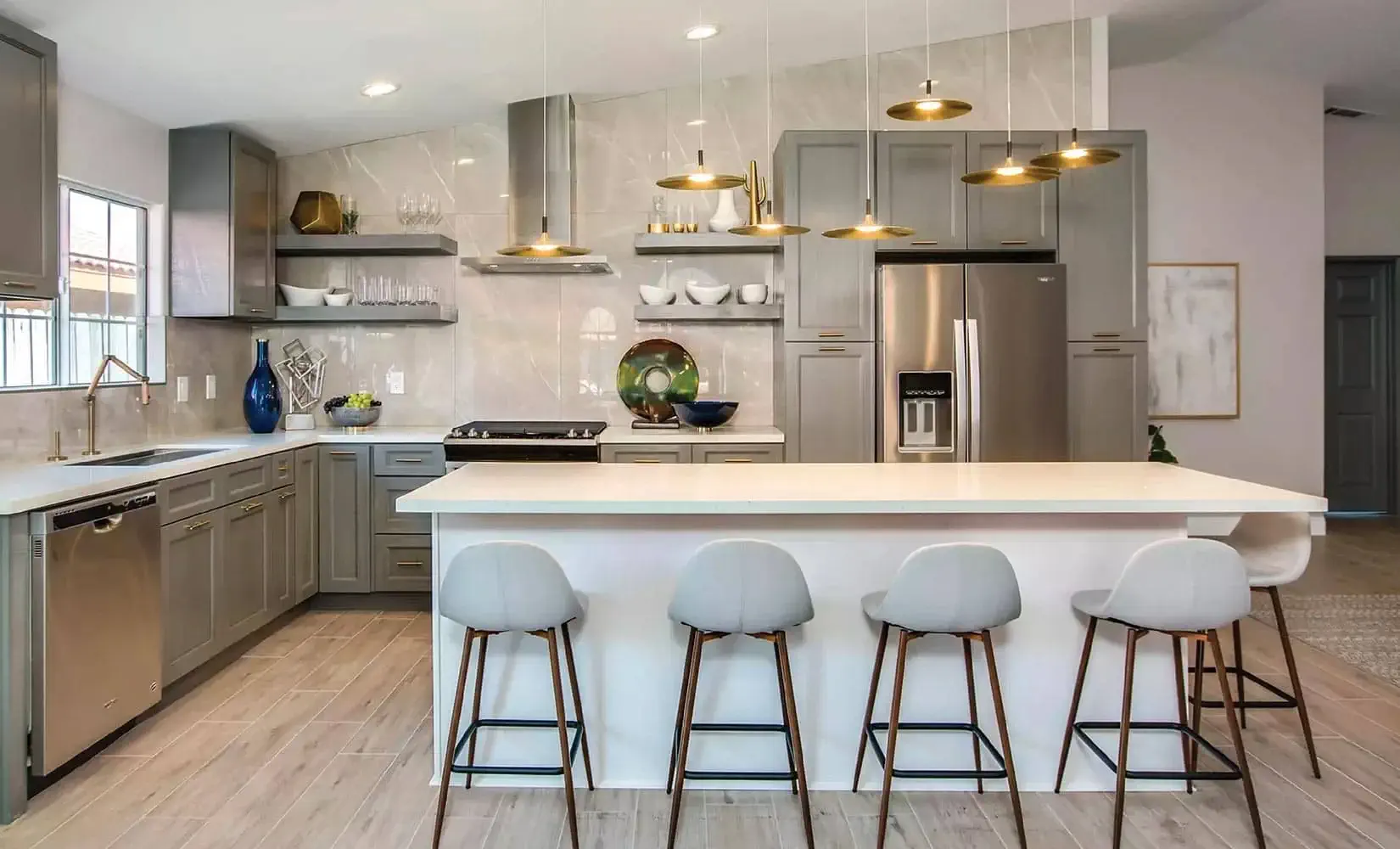 Modern kitchen with gray waterborne cabinet finish.