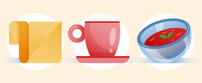 Illustrations of parchment paper, a red ceramic mug, and a glass bowl with tomato soup.