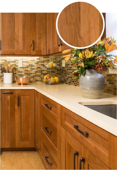 Beautiful modern rustic kitchen with cherry wood cabinets.