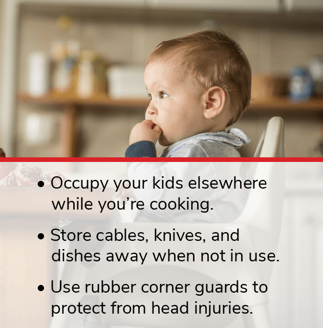 Image of toddler sitting in high chair with text overlay on kitchen safety.