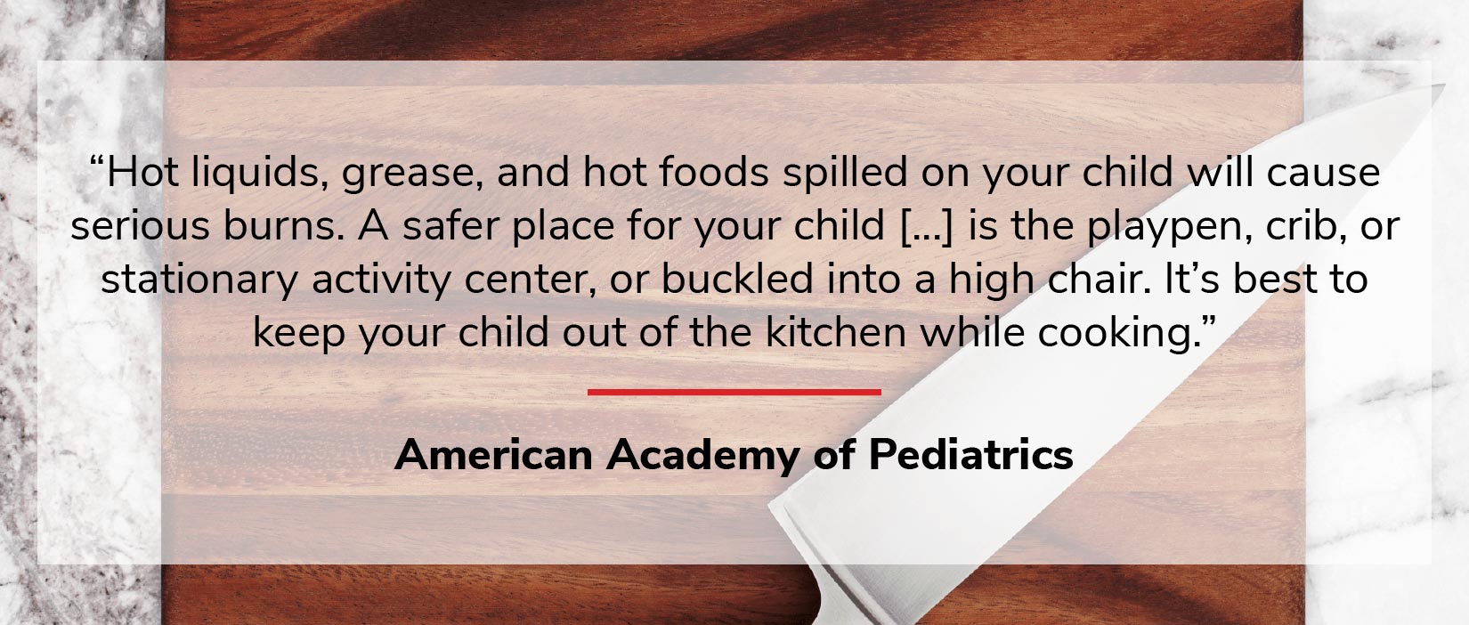Image of a knife on a wood board with a quote overlay on kitchen safety by the American Academy of Pediatrics.