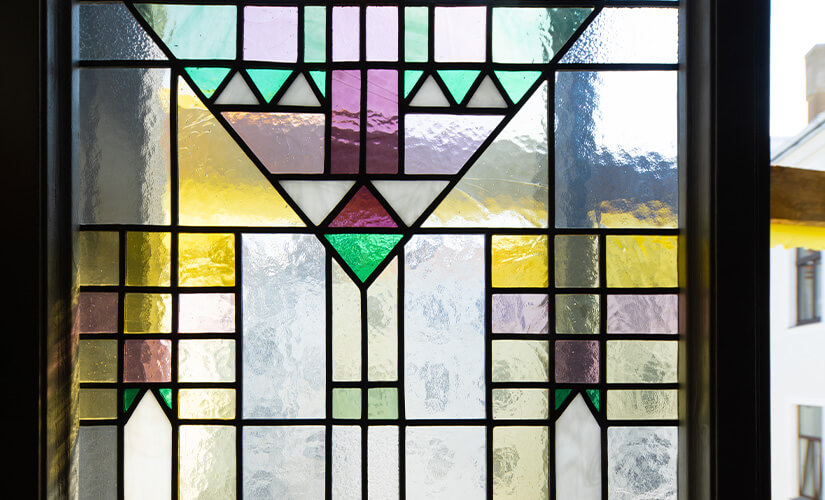 Image shows pane of colorful stained glass.