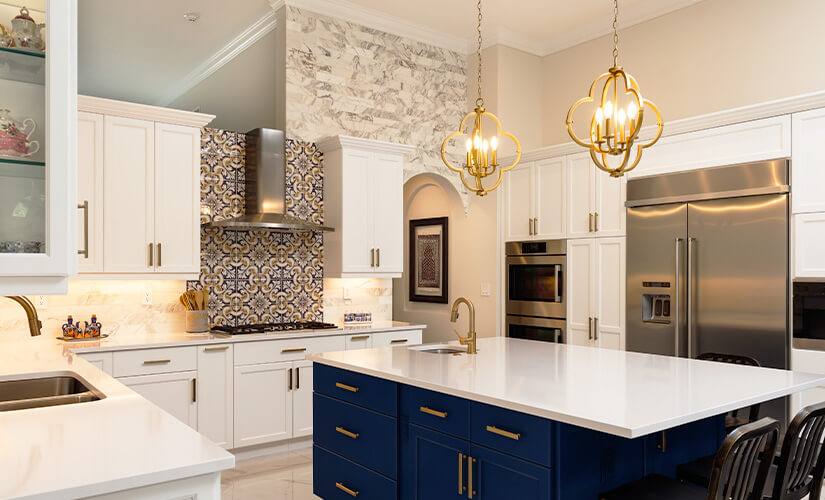 Kitchen uses patterned tile behind the stove to complement the space.