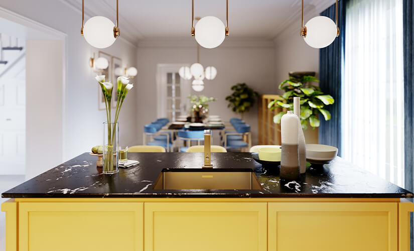 Image shows kitchen with colorful island.
