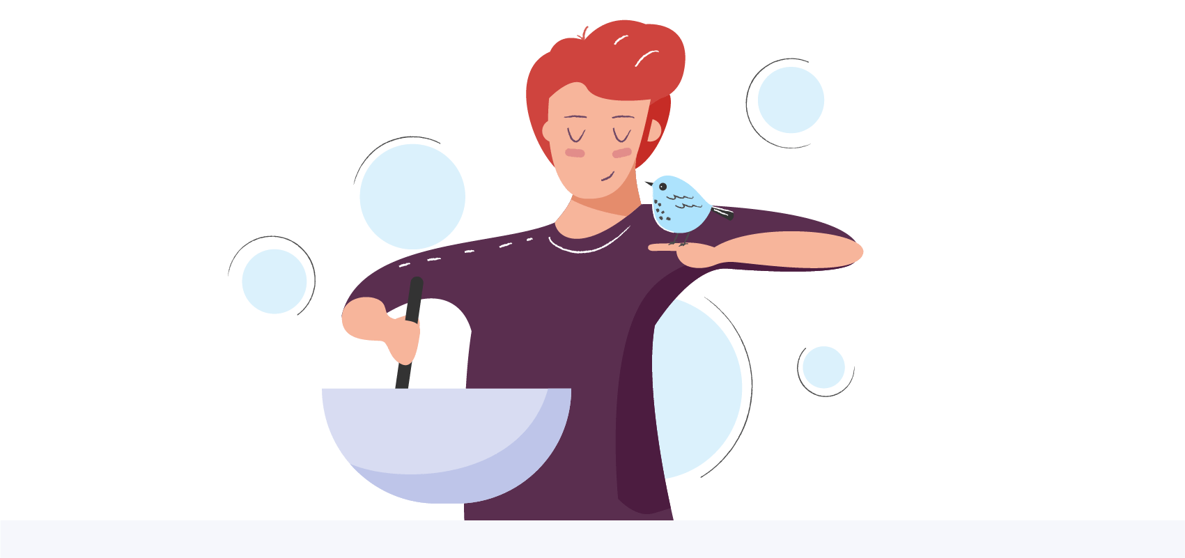 A person stirring the contents of a bowl with a bird on his arm. Illustration