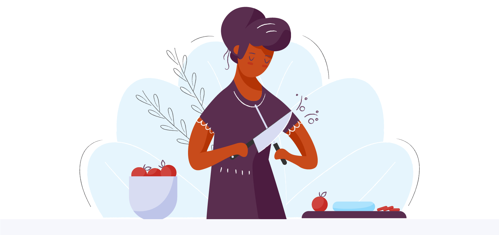 Person sharpening a knife before cutting tomatoes. Illustration.