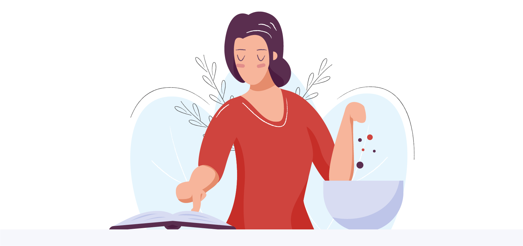 Person reading a cookbook while adding ingredients to a bowl. Illustration