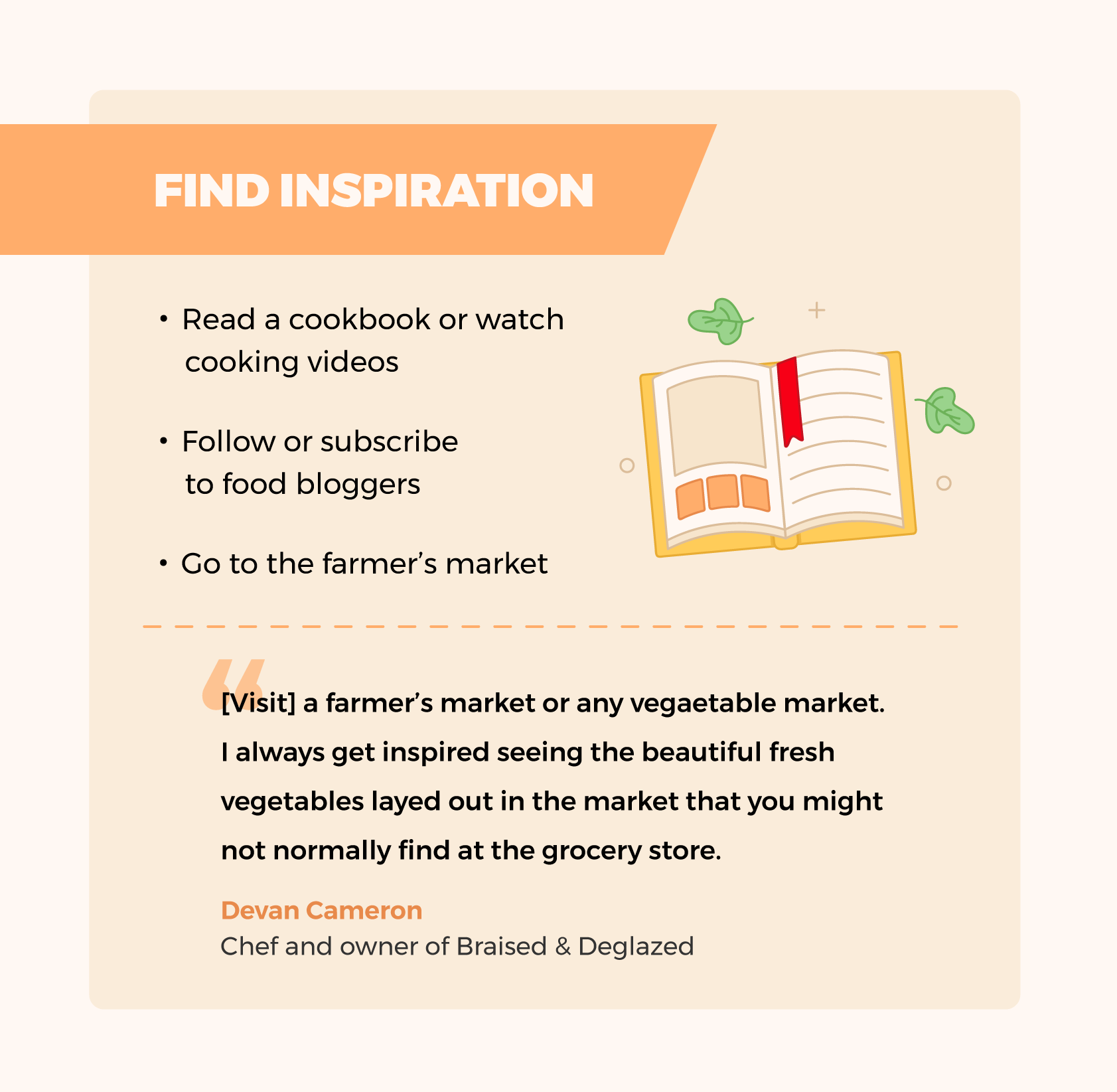Illustration of how to find inspiration for cooking with an expert quote.