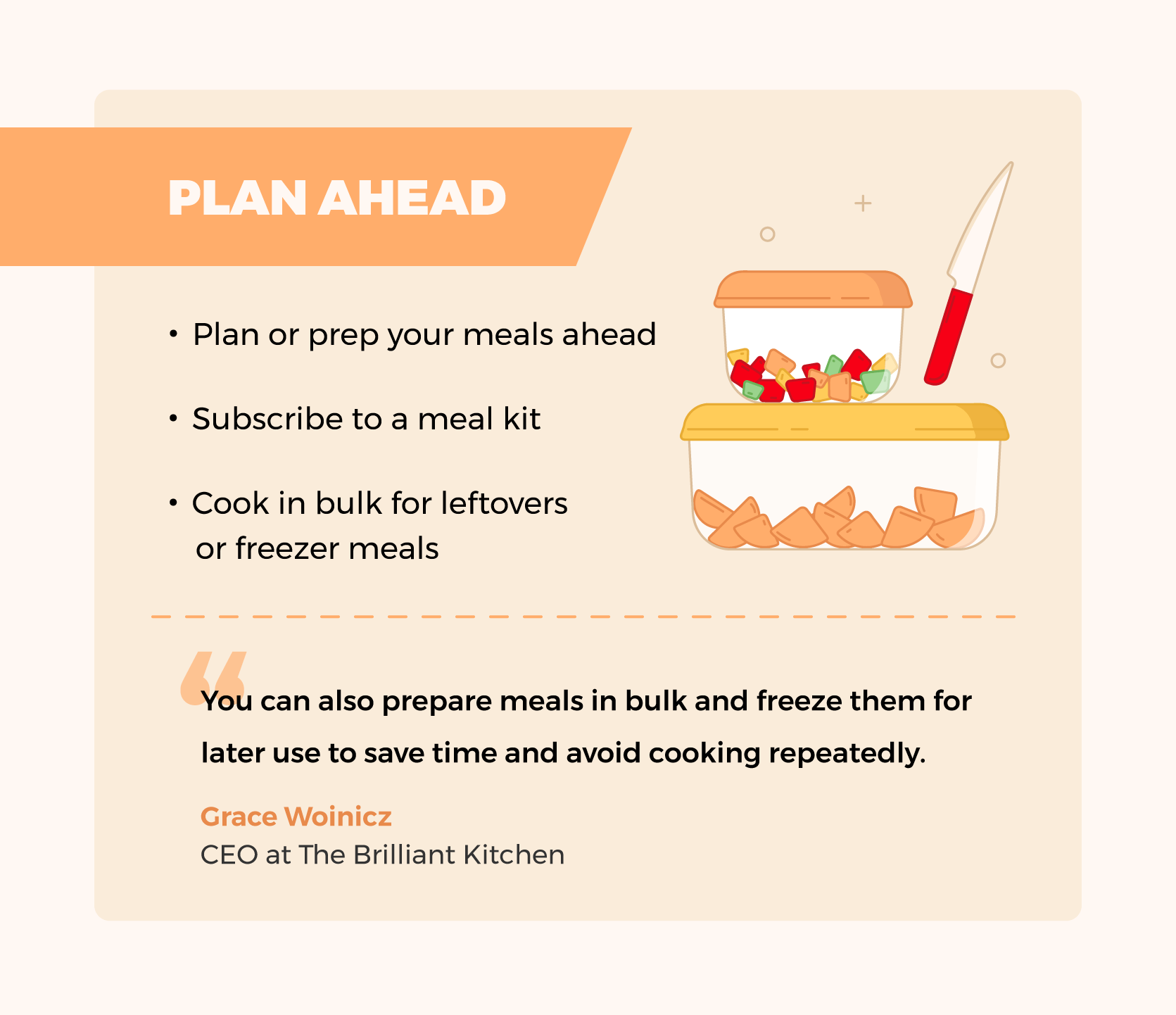 Illustration of meal planning and prepping tips with expert quote.