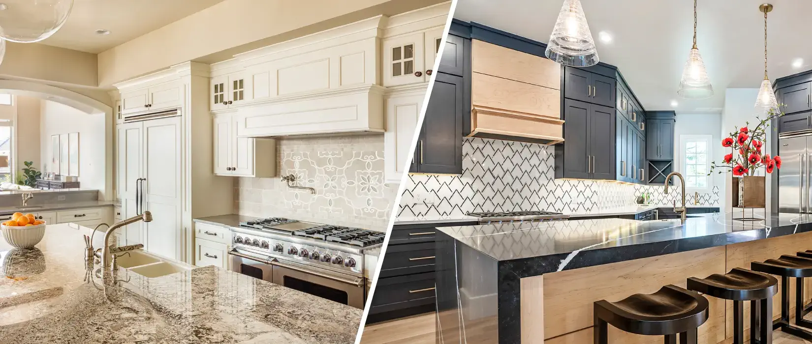 Side by side of a kitchen with custom cabinets and a kitchen with semi-custom cabinets.