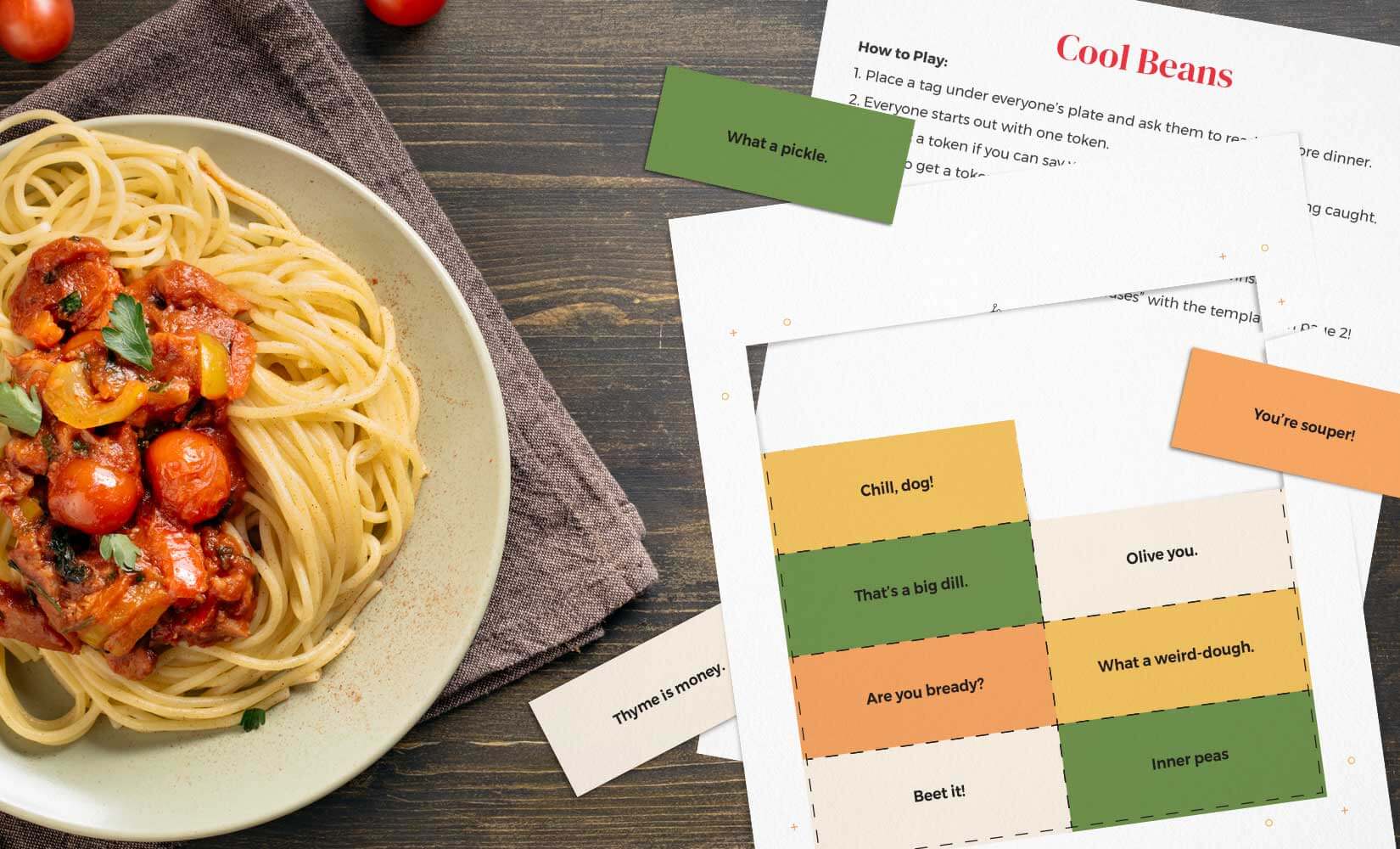 Dinner table with spaghetti dish and cool beans game printable.